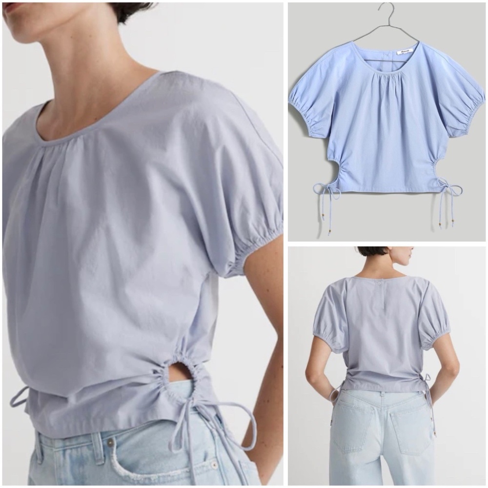 Madewell Size 2X Embroidered Poplin Puff Sleeve Cutout Crop Top Blue NWT $82